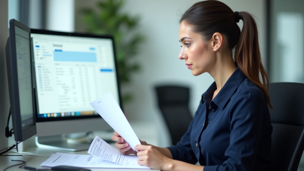 Accountant reviewing invoice documents with digital processing system on computer